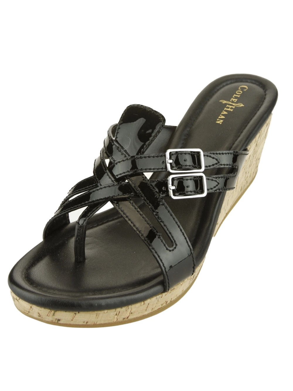 Cole Haan women’s Corby Thong II Black Patent Cork Wedge Sandals slip on 7.5B